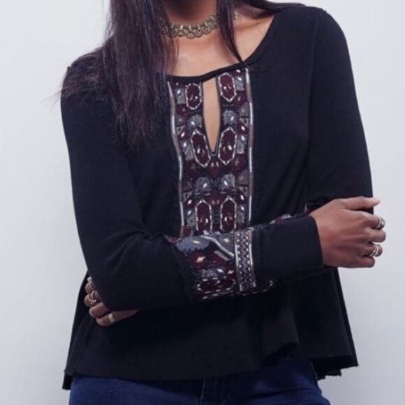 Free People x Marion Black Burgundy Embroidered Waffle Thermal Top Long Sleeve - Picture 1 of 9